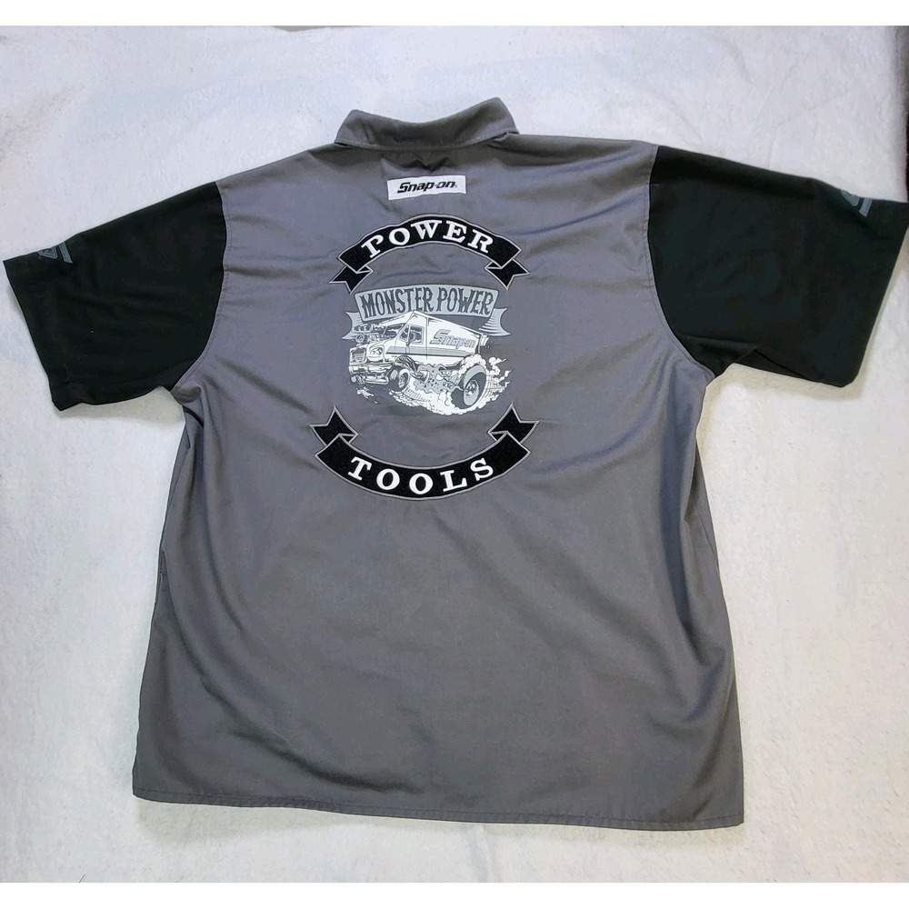 Snap On Monster Power Tools Work Shirt 2XL Gray Black Button Mechanic Shop